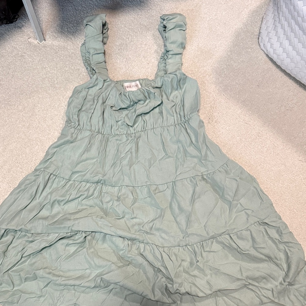 Pink Rose Mini Dress in Soft Green